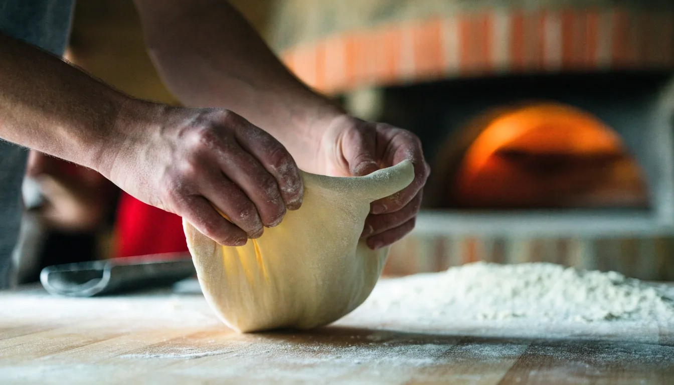 Cook hand-stretching pizza dough in the Deweys Pizza kitchen in Columbus