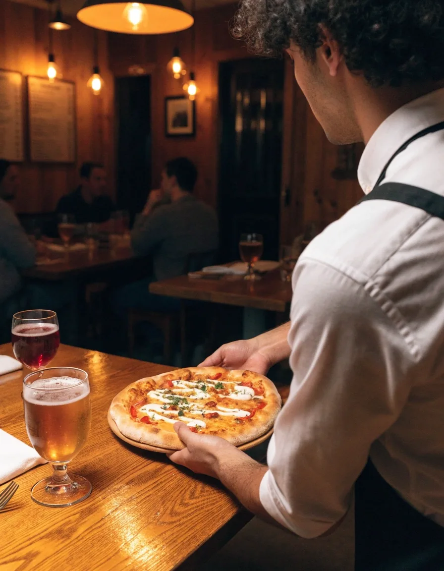 Dining room with fresh pizza and craft beer in warm light