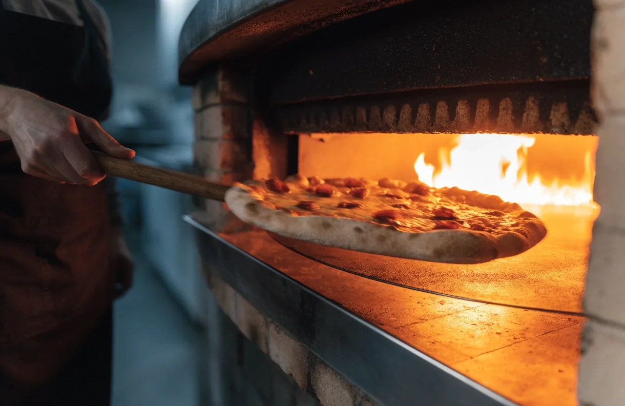 Hand-tossed pizza baking with puffed browned crust