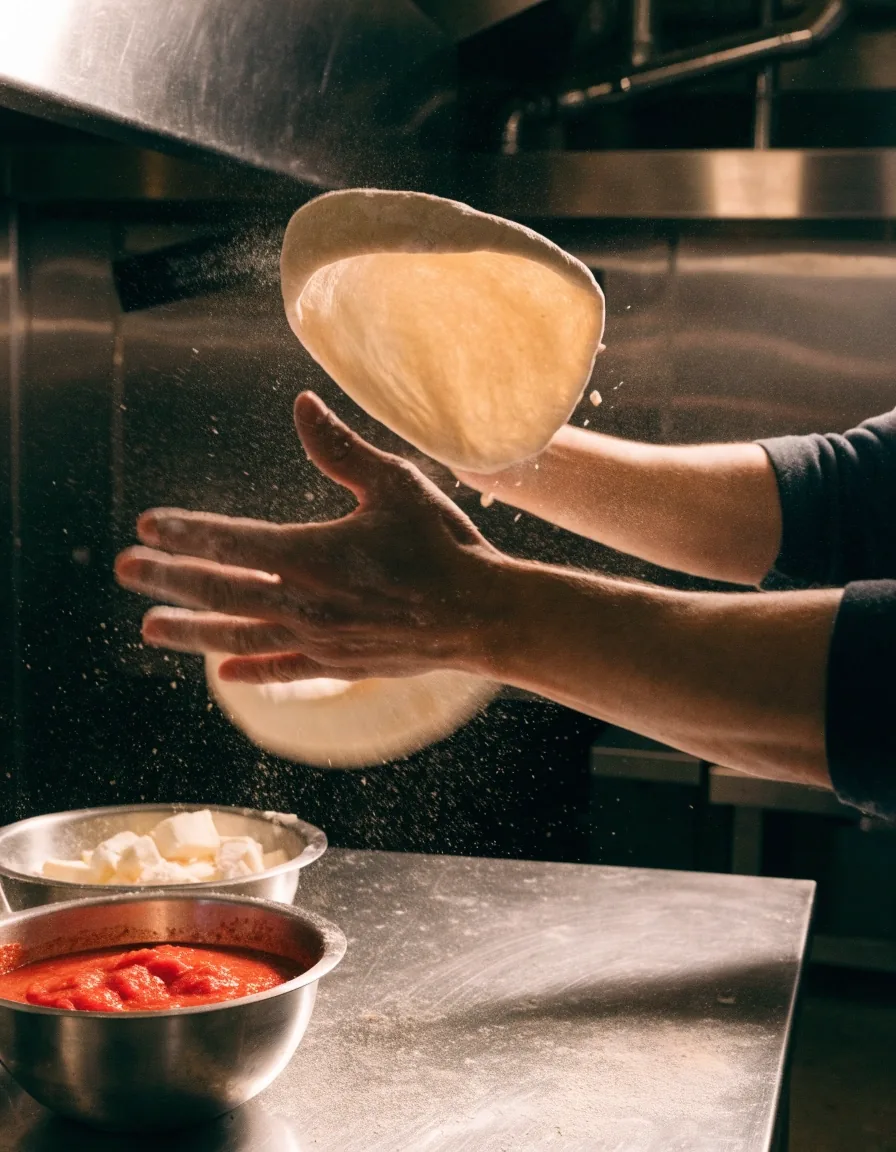Hands tossing pizza dough in the Columbus shop kitchen