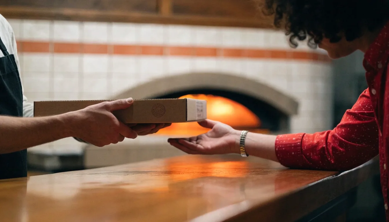 Counter detail with staff handing a receipt near a glowing pizza oven