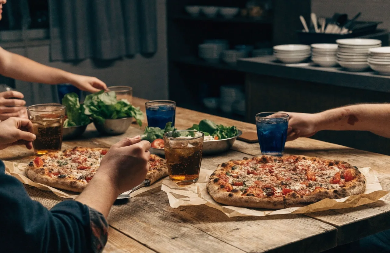 Group table with shared pizzas and salads at a Columbus pizzeria