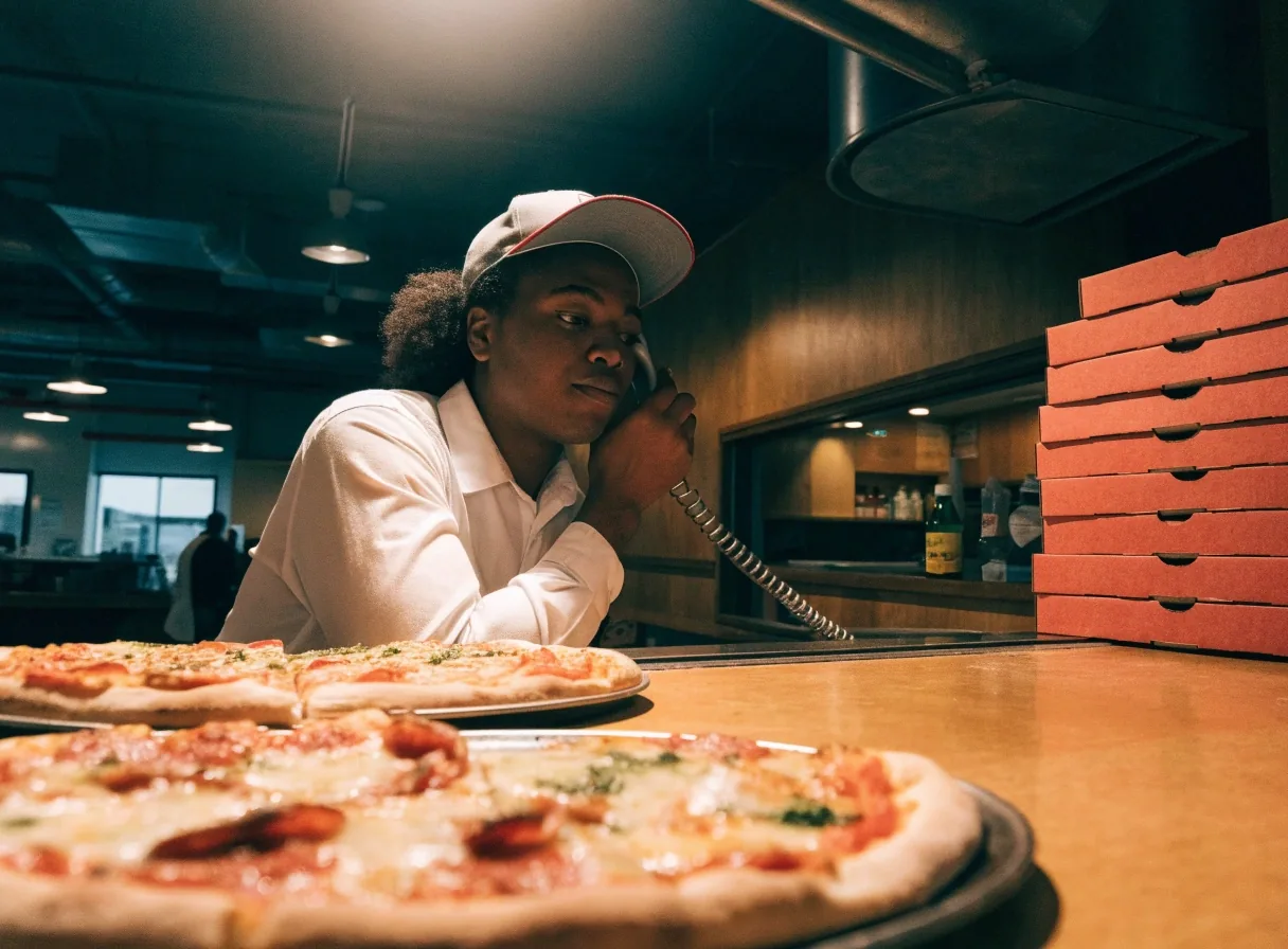 Staff folding a pizza box on a wooden counter beside stacked boxes