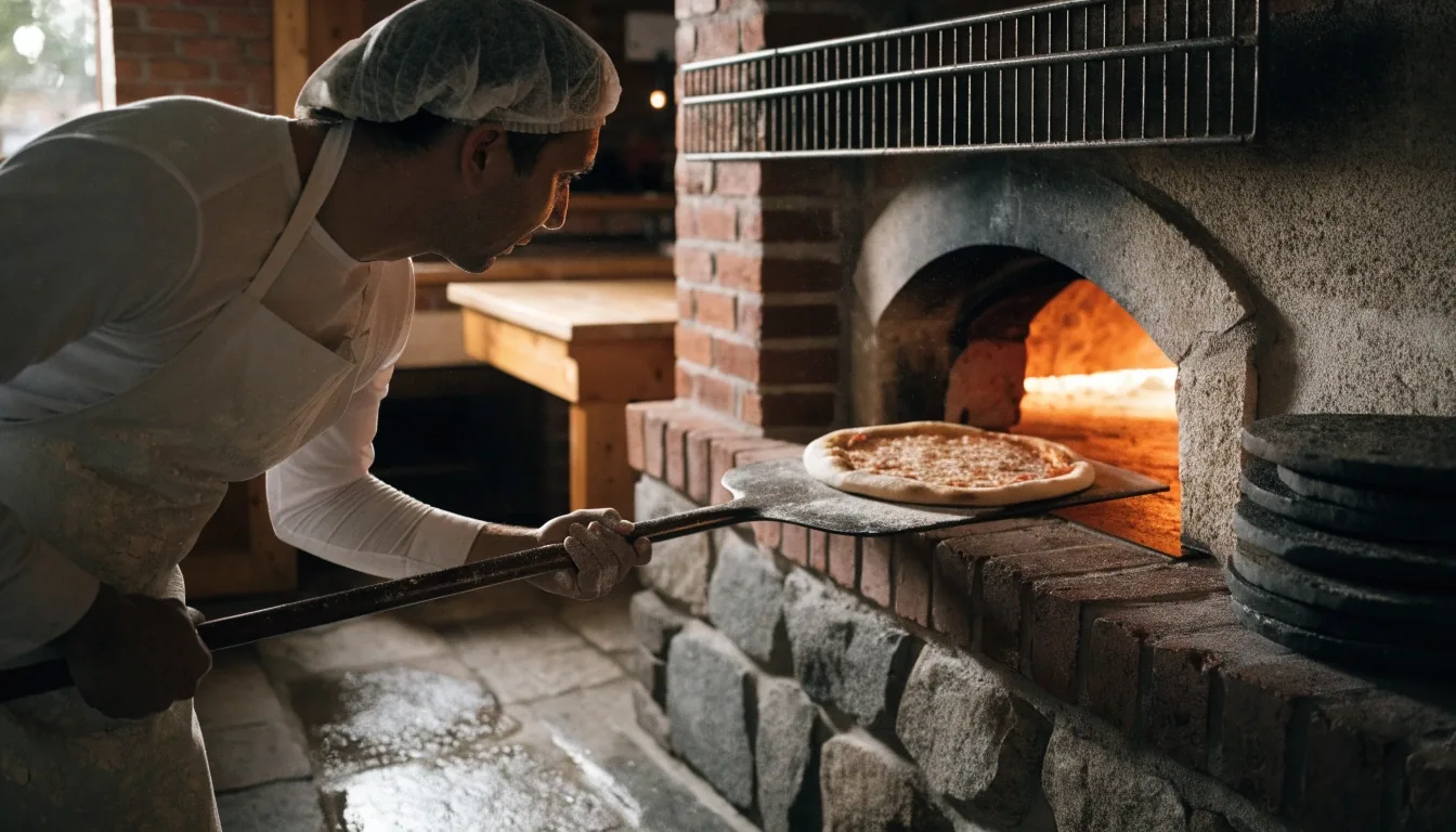 Baker placing pizza into the oven