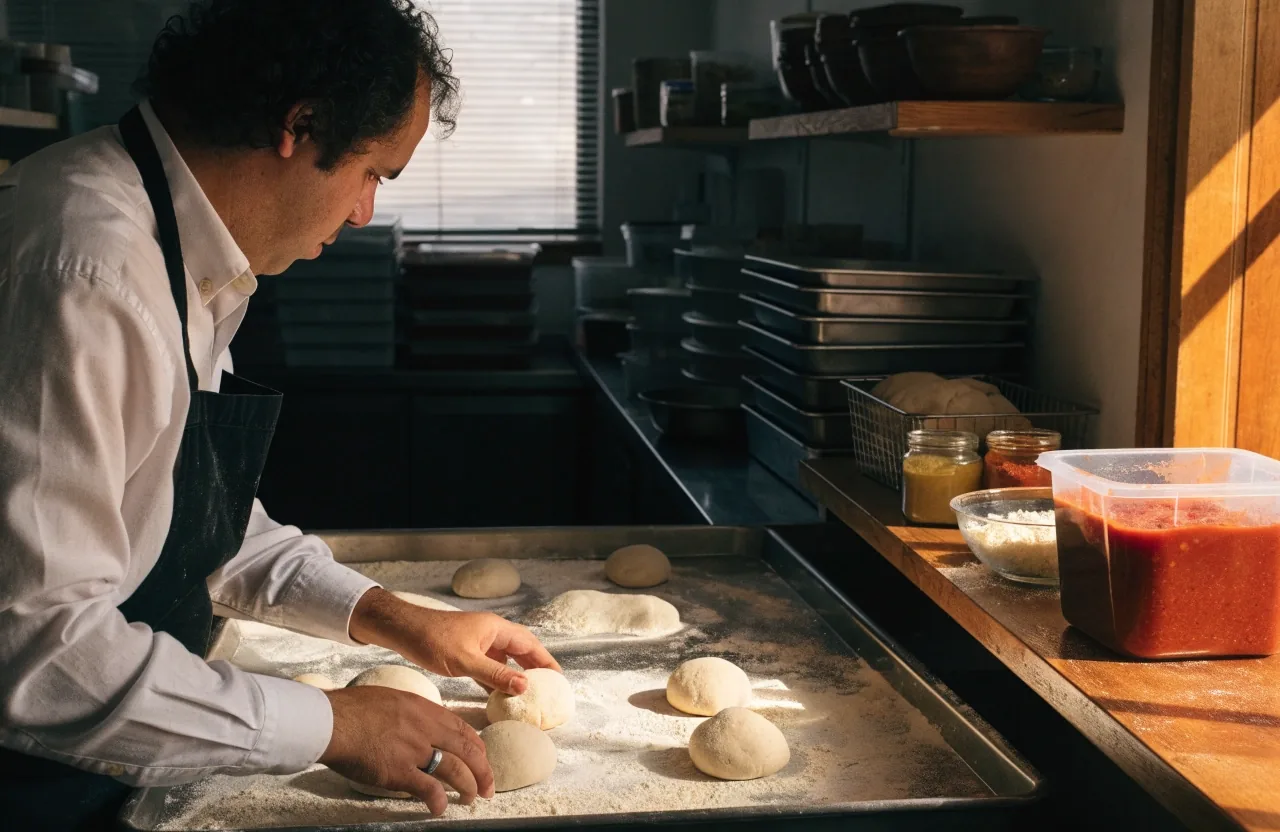 Preparing fresh pizza dough in the shop kitchen