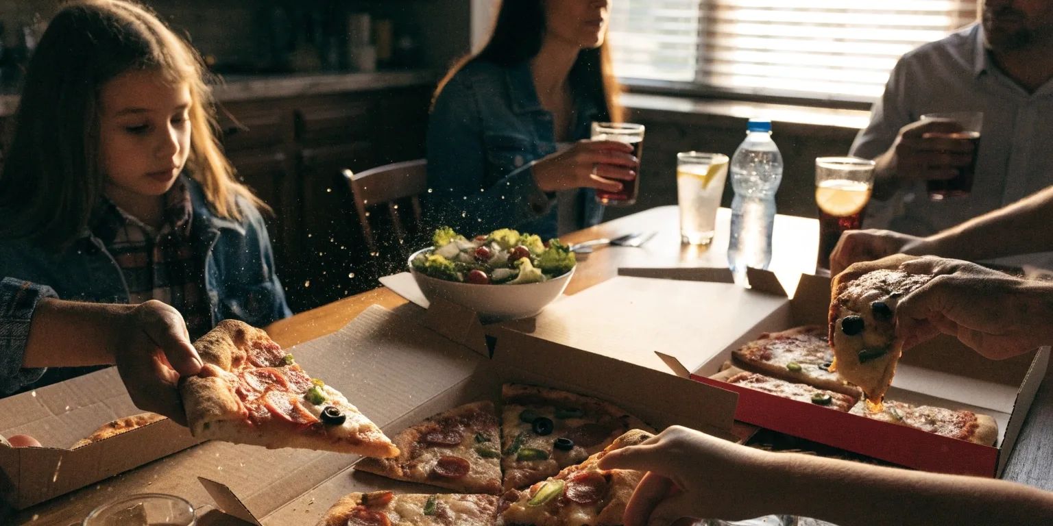 Family sharing Deweys Pizza delivery at home in Columbus