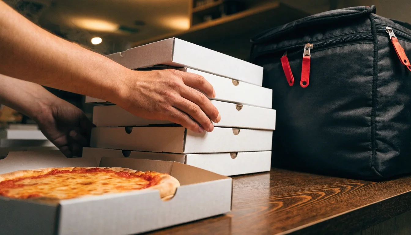 Fresh hand-tossed pizza coming out of the oven at Deweys Pizza Columbus