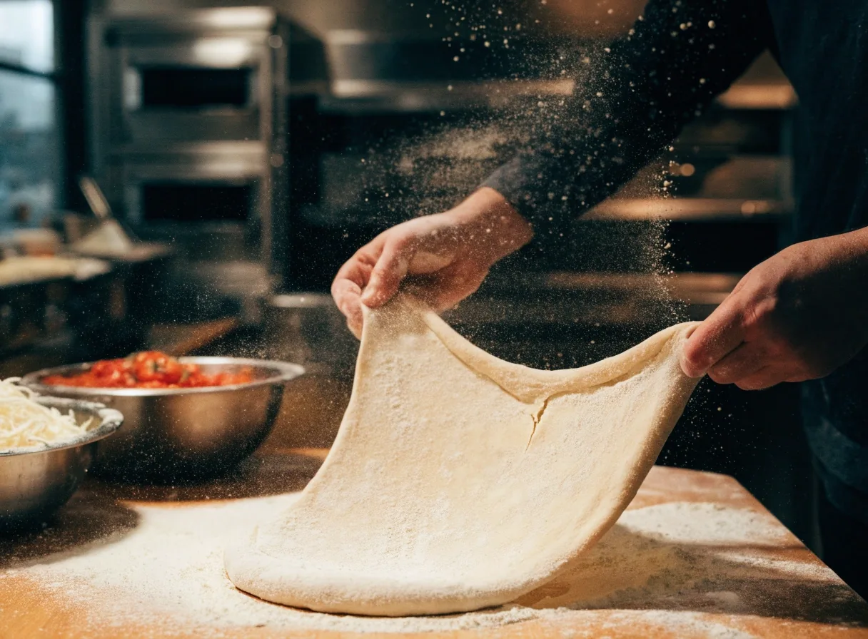 Hand-tossed dough being stretched for a Deweys Pizza order