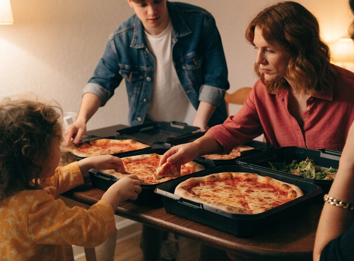 Family sharing two pizzas and salad at Deweys