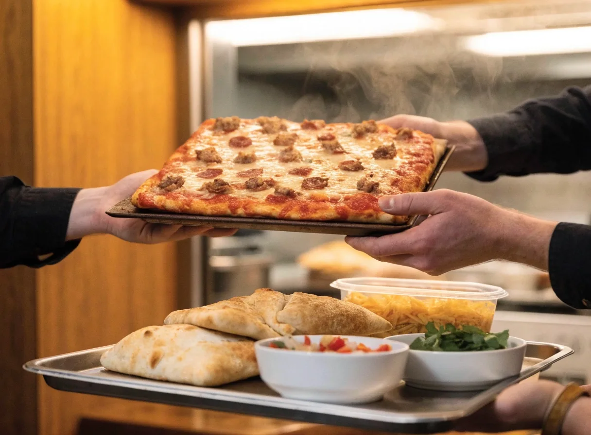 Game-day carryout with pizzas and calzones for a crowd