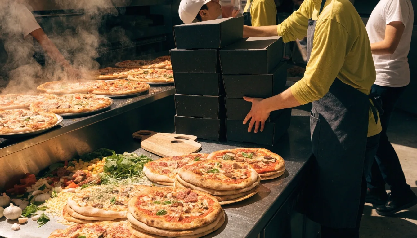 Group table with several Deweys pizzas ready to share