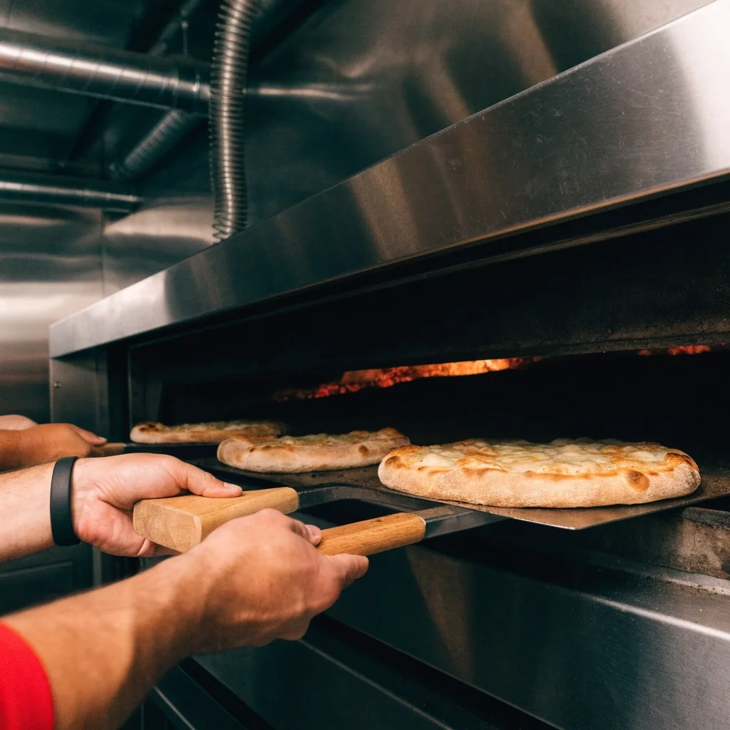 Pizzas baking together for a timed group pickup