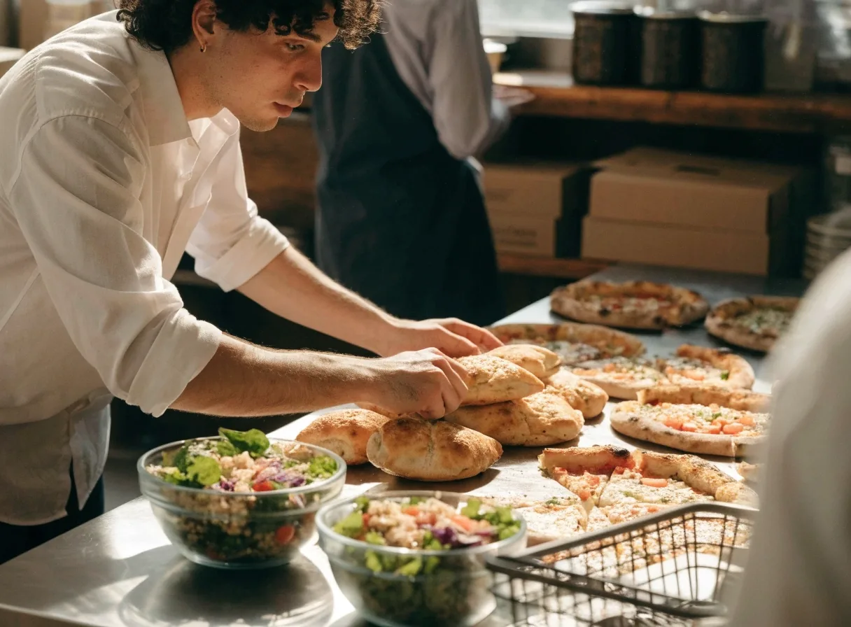 Small catering pickup with pizzas salads and calzones