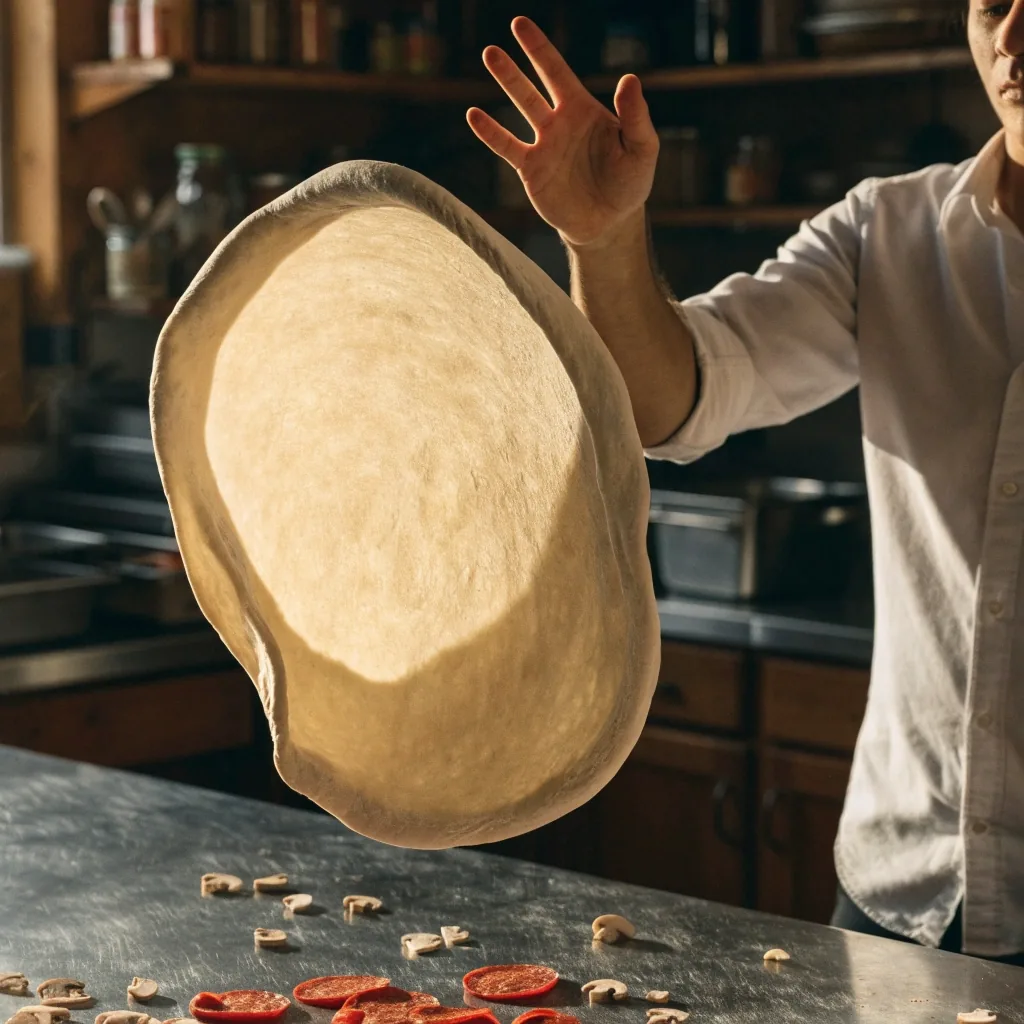 Hand-tossed dough being stretched for Deweys Pizza