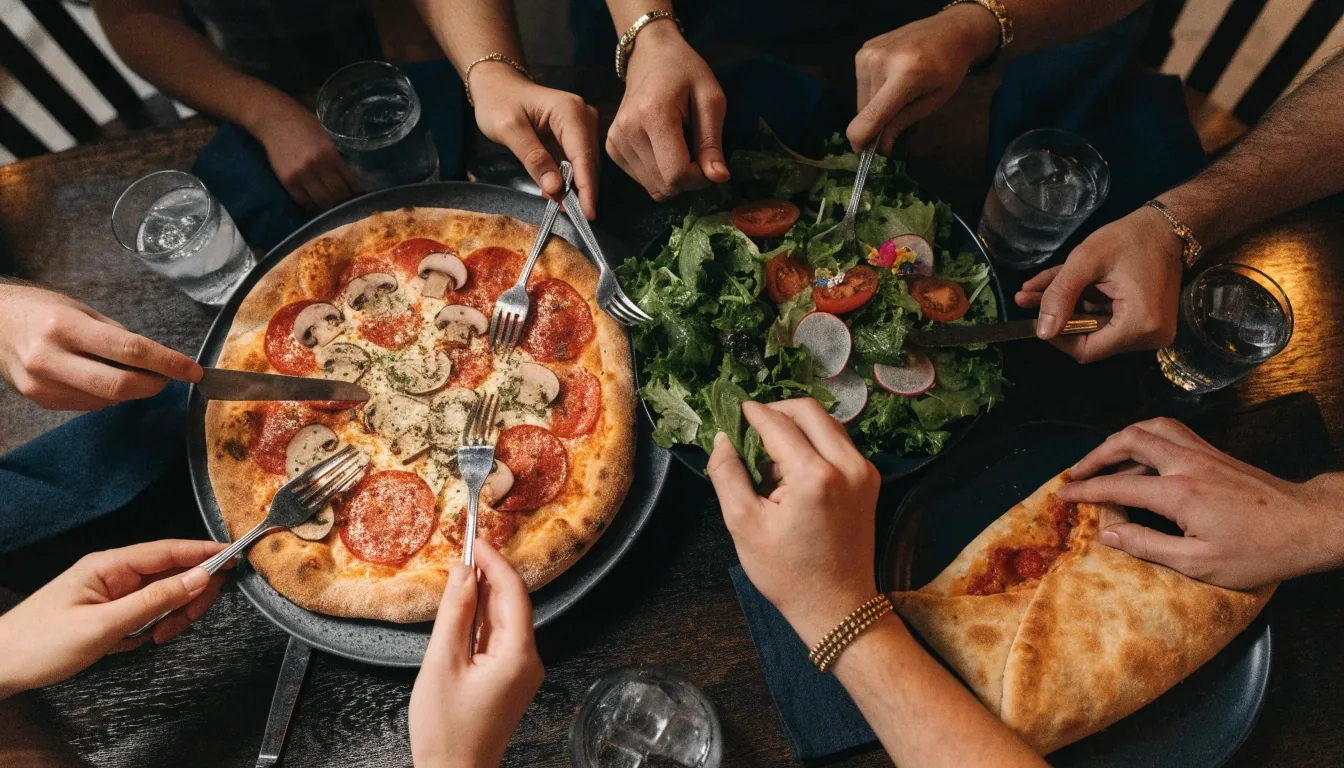 Shared dinner table with pizzas and salads