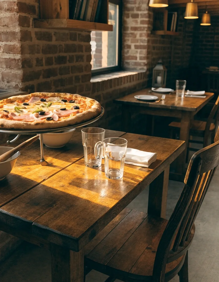 Dining room at Deweys Pizza in Columbus with tables set for guests