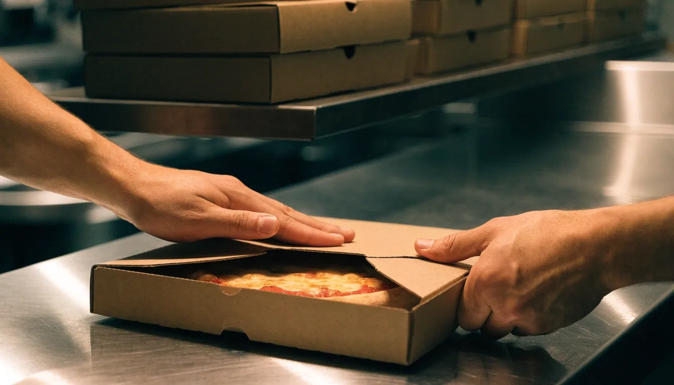 Pizza box being closed for pickup at the pass