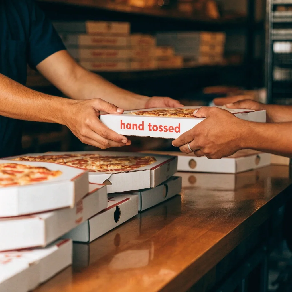 Carryout pickup counter with stacked pizza boxes
