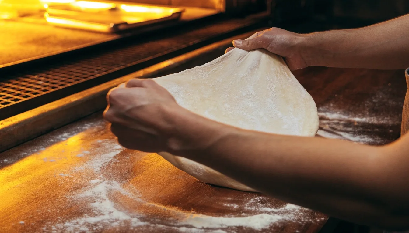 Hand stretching fresh pizza dough near a hot oven